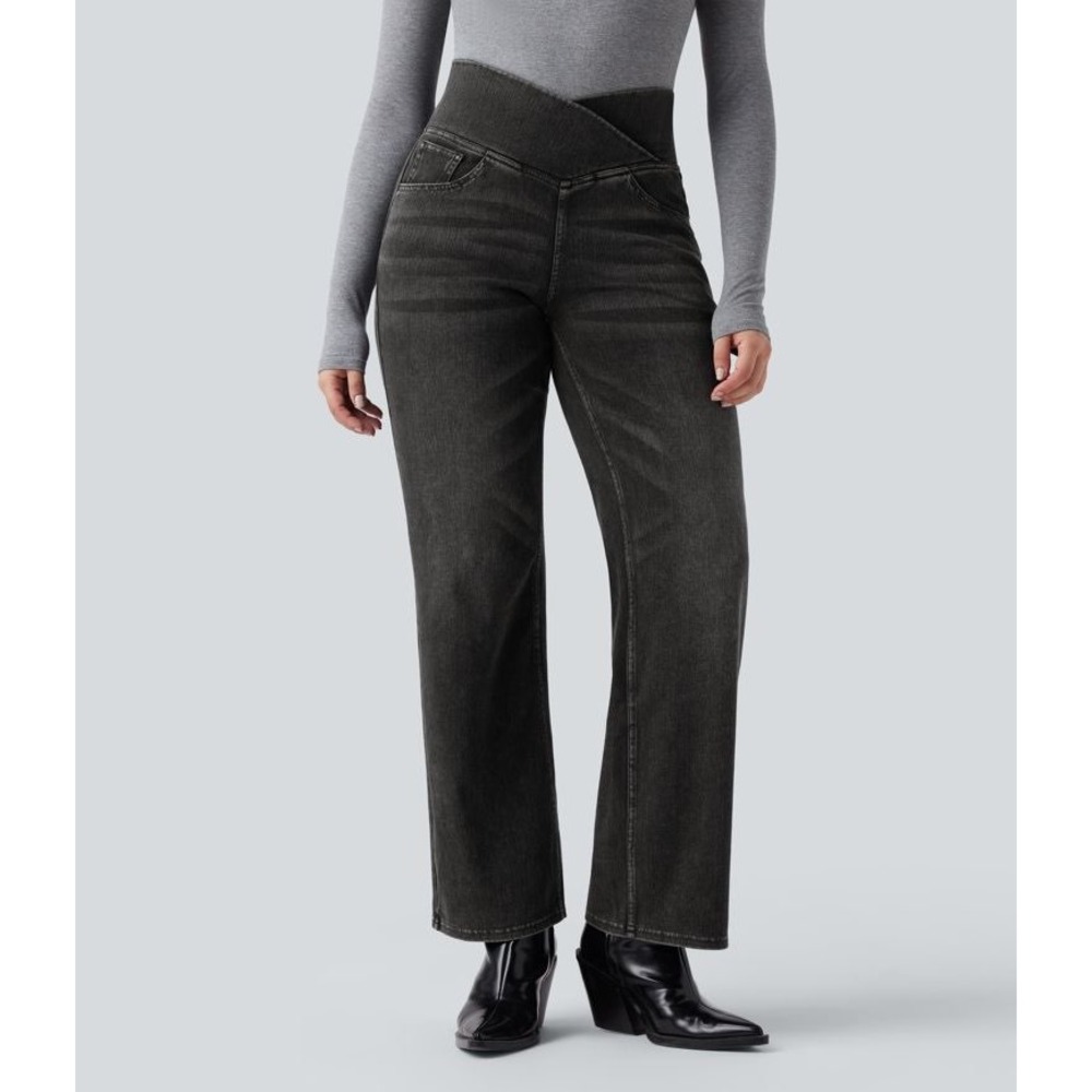 Halara Petite Crossover Waist Wide Leg Jeans Black Wash Size M